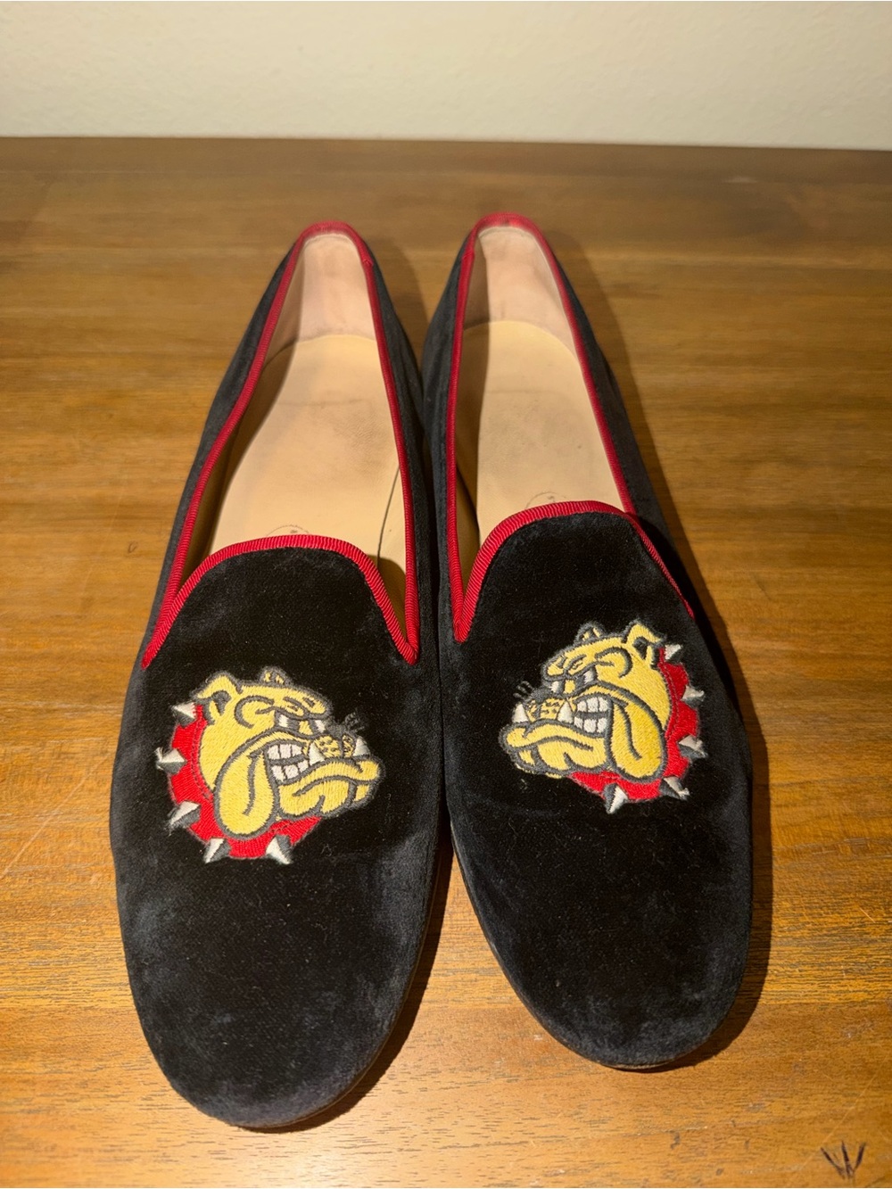 Stubbs & Wootton Black Velvet Loafers with Red Trim and Bulldog Crest